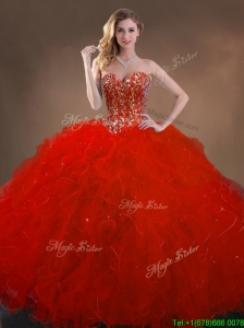 2016 Ball Gown Beaded and Ruffles Quinceanera Gowns in Red for Winter