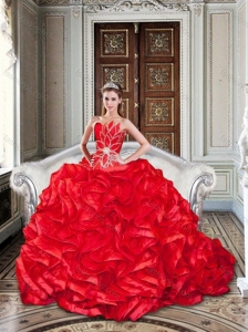 2016 Beaded and Ruffled Red Sweet 16 Dress with Brush Train for Winter