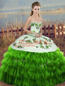 Organza Sweetheart Sleeveless Lace Up Embroidery and Ruffled Layers and Bowknot 15 Quinceanera Dress in Green