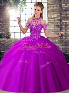 Purple Lace Up Ball Gown Prom Dress Beading and Pick Ups Sleeveless Brush Train