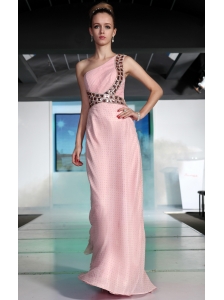 Baby Pink Column One Shoulder Floor-length Sequin Beading and Rhinestone Prom Dress