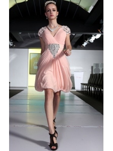 Baby Pink Column V-neck Mini-length Chiffon Beading and Rhinestones Prom Dress