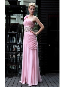 Baby Pink Empire One Shoulder Floor-length Chiffon Beading Prom Dress