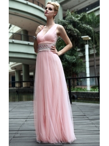 Baby Pink Empire V-neck Floor-length Tulle Rhinestone Prom Dress