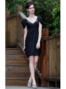 Black Column V-neck Mini-length Taffeta Beading Prom Dress