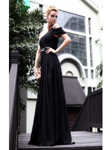 Black Empire One Shoulder Floor-length Chiffon Beading Prom Dress