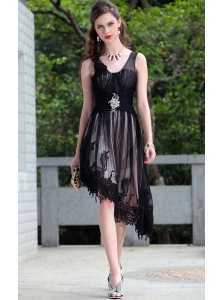 Black Empire V-neck Asymmetrical Lace and Taffeta Beading Prom / Homecoming Dress