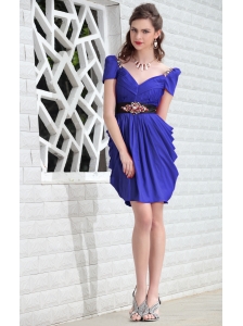 Blue Column V-neck Mini-length Taffeta Beading Prom / Homecoming Dress