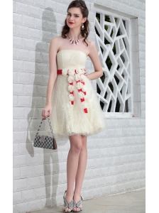 Champagne A-Line / Princess Strapless Mini-length  Organza Hand Made Flowers Prom / Cocktail Dress