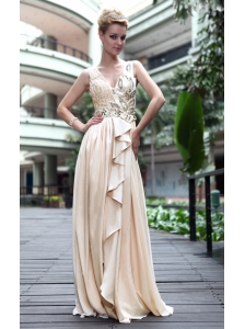 Champagne Empire V-neck Floor-length Elastic Woven Satin Beading Prom Dress