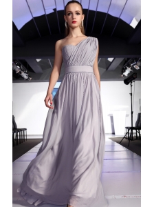 Gray Empire One Shoulder Floor-length Chiffon Ruch Prom / Graduation Dress