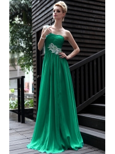 Green Empire One Shoulder Floor-length Chiffon Appliques Prom Dress