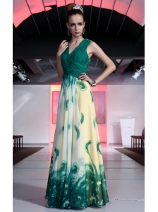 Luxurious Empire V-neck Floor-length Printing Beading and Ruch Prom / Celebrity Dress