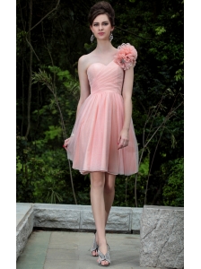 Pink A-line One Shoulder Knee-length Organza Hand Made Flowers Prom / Homecoming Dress