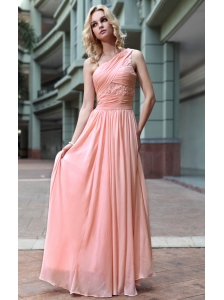 Pink Empire One Shoulder Floor-length Beading Chiffon Prom / Party Dress