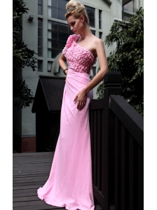 Pink Empire One Shoulder Brush Train Chiffon Beading Prom Dress