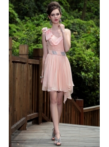 Pink Empire One Shoulder Mini-length Chiffon Beading Prom / Homecoming Dress