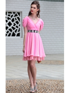 Rose Pink Empire V-neck Mini-length Chiffon Lace and Ruch Prom / Homecoming Dress