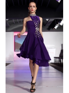 Purple A-line High-neck High-low Chiffon Beading and Rhinestone Prom Dress
