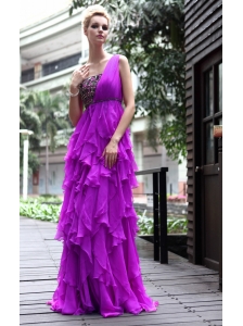 Purple Empire One Shoulder Floor-length Chiffon Beading Prom Dress