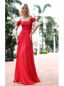 Red Empire Off the Shoulder Floor-length Chiffon Pleat and Beading Prom Dress