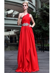 Red Empire One Shoulder Floor-length Beading Prom / Pageant Dress