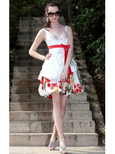 White A-Line / Princess V-neck Mini-length Taffeta and Print Beading Prom / Graduation Dress