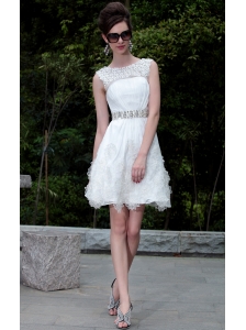 White A-line Bateau Mini-length Organza Lace Beading Prom / Homecoming Dress