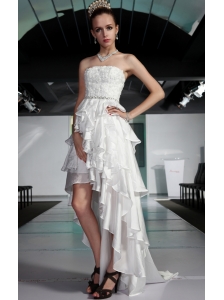 White Asymmetrical Strapless High-low Elastic Woven Satin Beading Prom / Pageant Dress