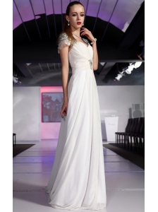 White Empire Square Short Sleeves Floor-length Chiffon Beading and Ruch Prom / Celebrity Dress