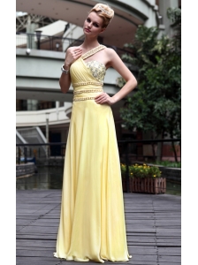 Yellow Empire One Shoulder Floor-length Beading Chiffon Prom / Party Dress
