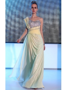 Light Yellow Empire One Shoulder Floor-length Chiffon and Sequin Beading and Ruch Prom / Celebrity Dress
