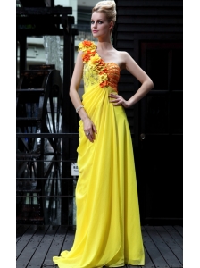 Yellow Empire One Shoulder Floor-length Chiffon Appliques Prom Dress