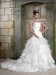 Modest A-Line/Princess Strapless Court Train Elastic Wove Satin and Tulle Beading and Ruffles Wedding Dress