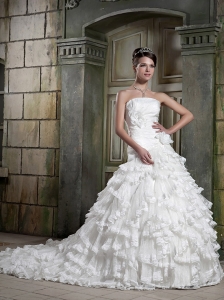 Beautiful A-Line / Princess Strapless Chapel Taffeta and Lace Ruffles Wedding Dress