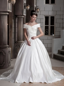 Brand New Ball Gown Off The Shoulder Chapel Train Satin Beading Wedding Dress