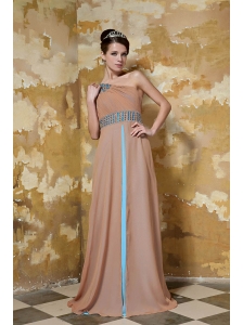 Chocolate Empire One Shoulder Brush Train Elastic Woven Satin and Chiffon Beading and Ruch Prom / Celebrity Dress
