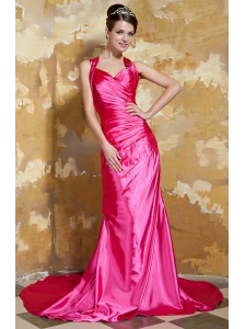 Hot Pink Column V-neck Brush Train Elastic Woven Satin Ruch Prom / Evening Dress