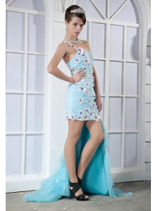 Light Blue Column One Shoulder Mini-length Elastic Woven Satin and Chiffon Appliques Prom Dress