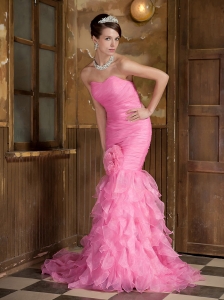 Rose Pink Mermaid Sweetheart Brush Train Satin and Organza Ruch Prom Dress