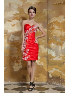 Red Column Sweetheart Mini-length Taffeta Hand Made Flowers Prom Dress