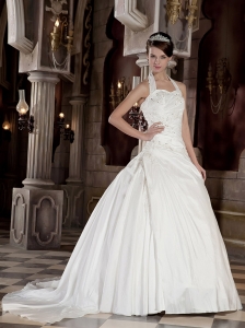 Perfect A-Line / Princess Halter Court Train Taffeta Beading and Appliques Wedding Dress
