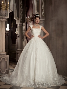 Modest A-line / Princess Square Court Train Satin and Tulle Embroidery Wedding Dress