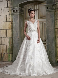 Lovely A-Line / Princess V-Neck Court Train Satin Lace Wedding Dress
