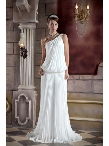 Simple Column / Sheath One Shoulder Court Train Chiffon Beading Wedding Dress
