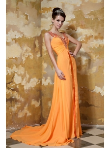 Orange Empire V-neck Brush Train Chiffon and Elastic Woven Satin Beading and Ruch Prom / Celebrity Dress