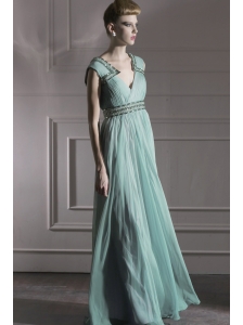 Apple Green Empire V-neck Floor-length Chiffon Beading Prom / Evening Dress