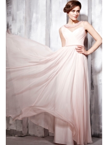 Baby Pink Empire Bateau Floor-length Chiffon Beading Prom Dress
