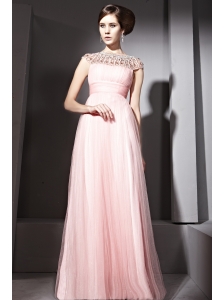 Baby Pink Empire Bateau Floor-length Tulle Beading Prom Dress