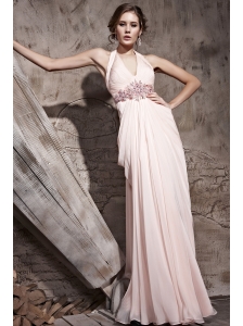Baby Pink Empire Halter Floor-length Chiffon Beading and Ruch Prom / Celebrity Dress